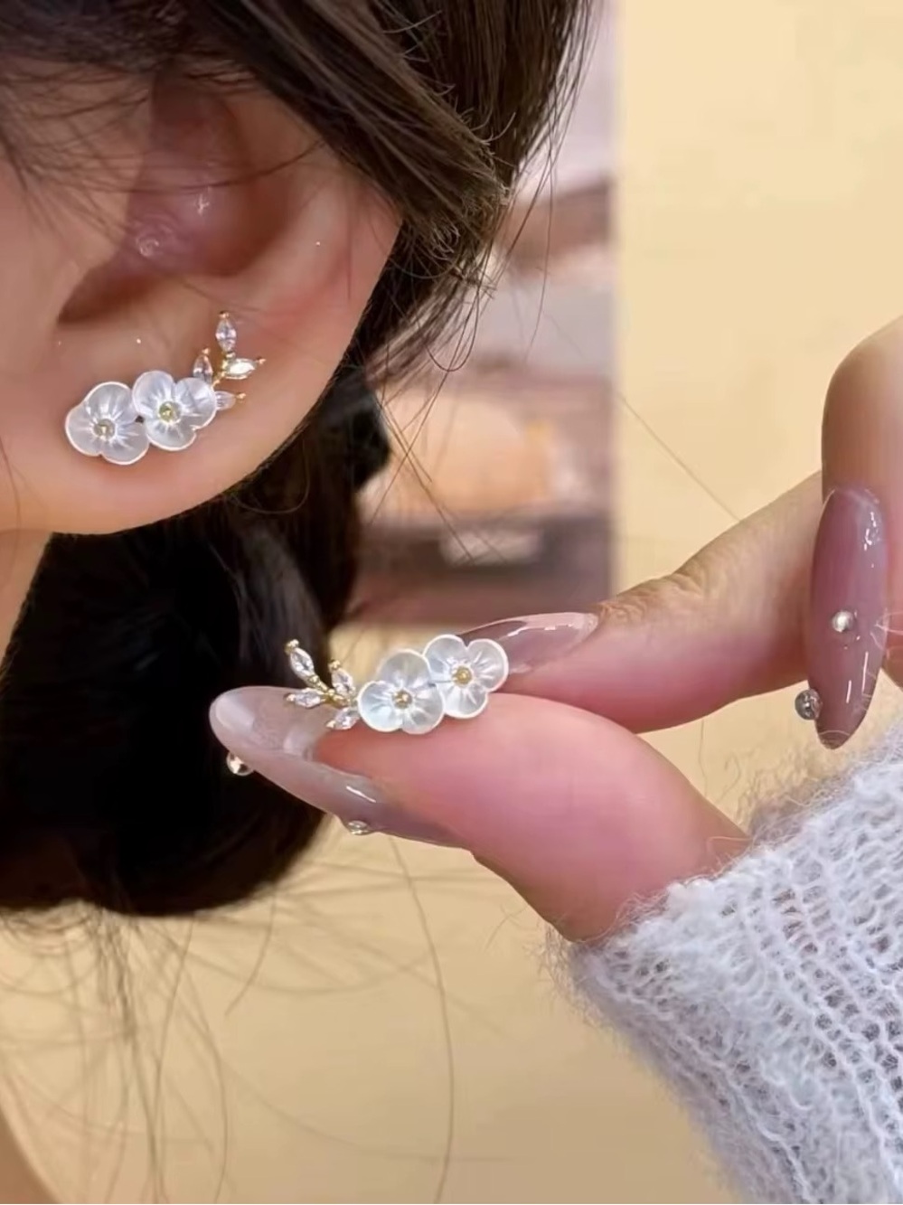 ***Delicate White Floral Ear Climbers with Gold Accents
